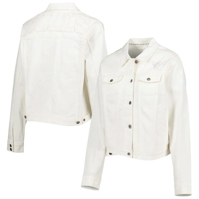 Lusso White Chicago Bulls Swarovski Crystal & Distressed Button-up Denim Jacket