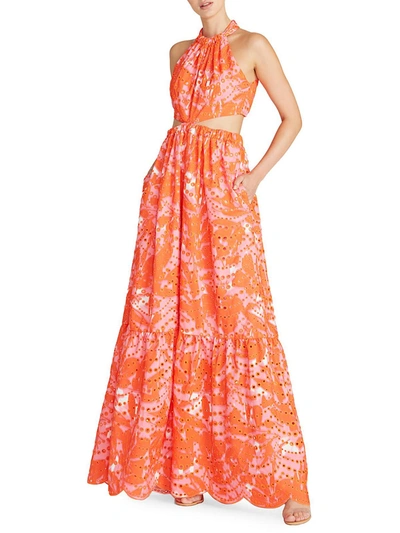 ml Monique Lhuillier Cutout Floral-print Broderie Anglaise Halterneck Maxi Dress In Pink