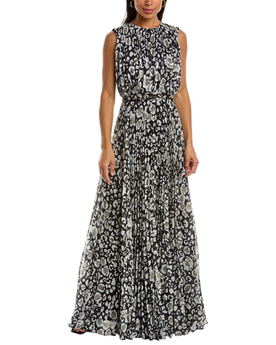 Mikael Aghal Pleated Metallic Printed Chiffon Maxi Dress In Black