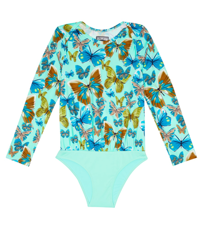 Vilebrequin Kids' Girls' Butterfly Print Rash Guard Bodysuit In Lagon