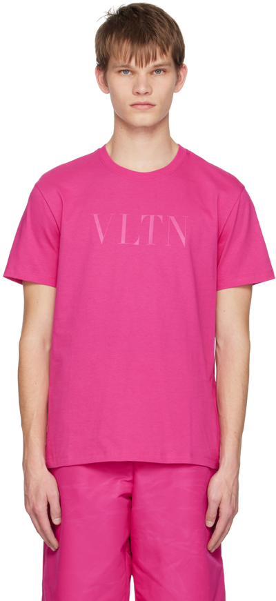 Valentino Cotton Crewneck T-shirt With Vltn Print In Fuchsia