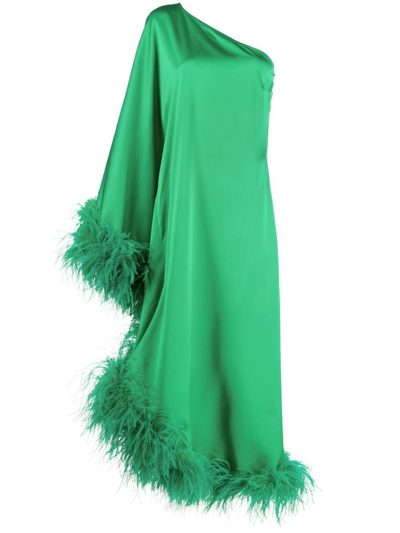 Taller Marmo Extravaganza One-shoulder Feather-trim Crepe Gown In Green