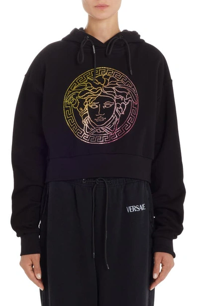 Versace Hooded Sweatshirt With Rainbow Logo In Black