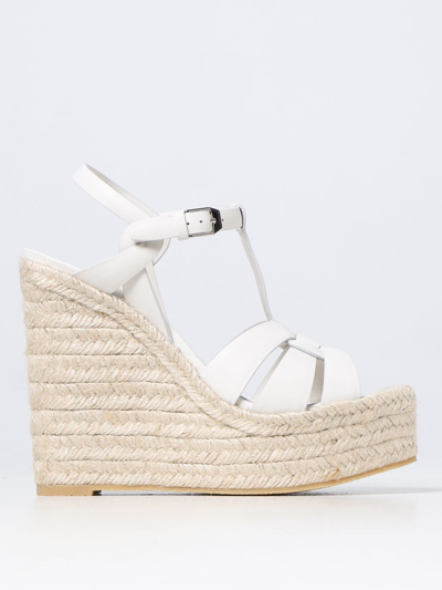 Saint Laurent Wedge Leather Espadrilles In White