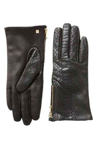 Bruno Magli Snakeskin Embossed Leather Cashmere Lined Gloves In Black