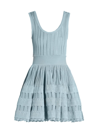 Alaïa Scoop Neck Elasticated Waist Ribbed Detail Mini Sakter Dress In Blue