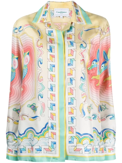 Casablanca Multicolor Shirt With Cuban Collar And All-over Graphic Print In Silk Woman