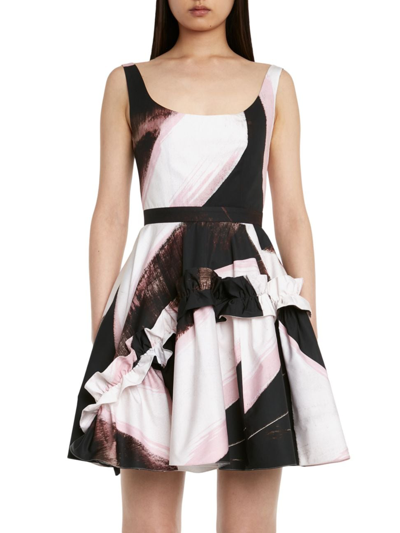 Alexander Mcqueen Ruffled Printed Cotton-twill Mini Dress In Blackivory