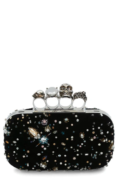 Alexander Mcqueen Skull Four Ring Celestial Embellished Suede Box Clutch In Black