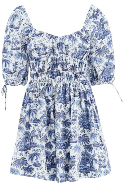 Staud Faye Tropical-print Cotton-blend Poplin Mini Dress In Blue