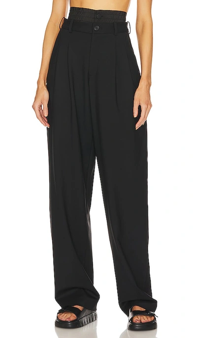 Monse Double Waistband Pleated Straight Leg Stretch Wool Trousers In Black