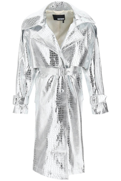 Rotate Birger Christensen Rotate 'indiiira' Trench Coat In Crocodile Look Laminated Faux Leather In Silver