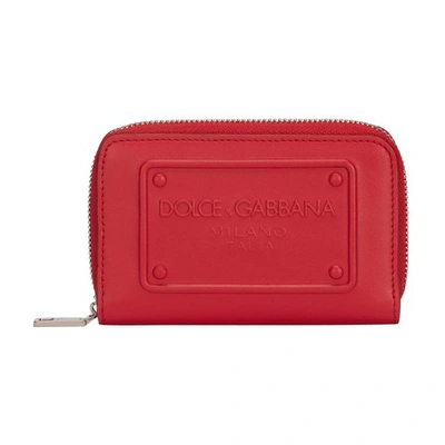 Dolce & Gabbana Small Zip-around Wallet In Calfskin With Raised Logo In Red