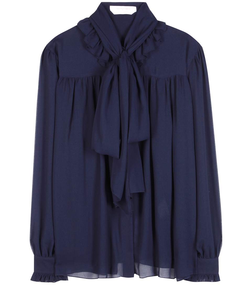 See By Chloé Ruffle-trimmed Long-sleeved Crepe Blouse In Dark Eavy ...