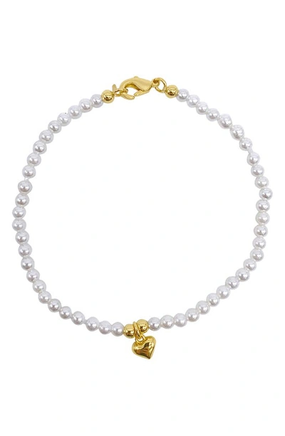 Adornia 2mm Faux Seed Pearl & Heart Charm Bracelet In White