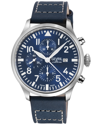 Gevril Men's Vaughn Swiss Automatic Blue Italian Leather Strap Watch 44mm In Silver