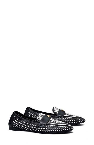 Tory Burch Woven Leather Mini Medallion Loafers In Night Voyage / Cream / Plum