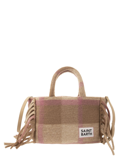 Mc2 Saint Barth Tartan Bag With Fringes In Pink/beige