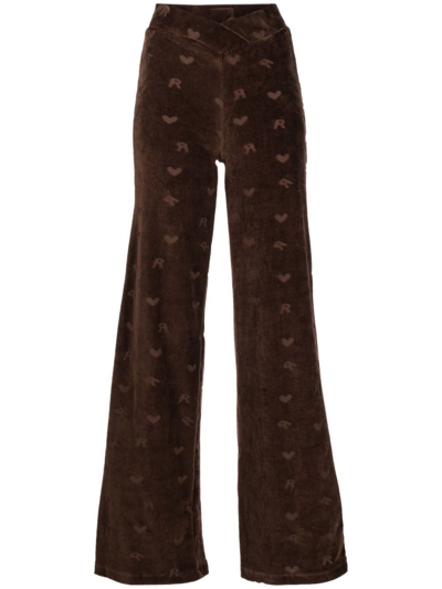 Rotate Birger Christensen Heart-print Velour Wide-leg Trousers In Brown