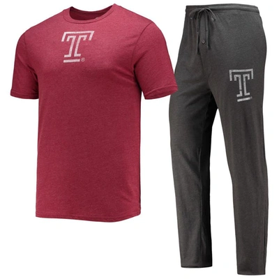 Concepts Sport Heathered Charcoal/cherry Temple Owls Meter T-shirt & Pants Sleep Set In Heather Charcoal