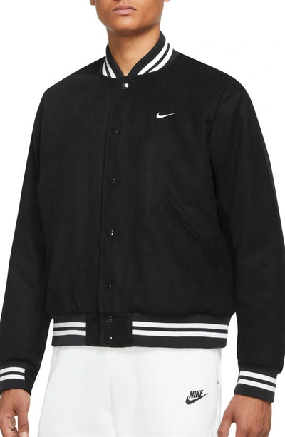Nike Authentics Felted Varsity Jacket In Black