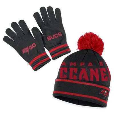 Wear By Erin Andrews Black Tampa Bay Buccaneers Double Jacquard Cuffed Knit Hat With Pom And Gloves