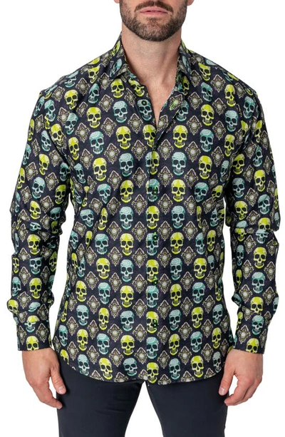 Maceoo Fibonacci Regular Fit Skull Button-up Shirt In Green