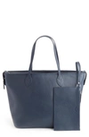 Royce New York Personalized Leather Tote With Wristlet In Navy Blue - Deboss