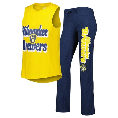 Concepts Sport Women's  Navy, Gold Milwaukee Brewers Wordmark Meter Muscle Tank Top And Pants Sleep S In Navy,gold