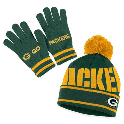 Wear By Erin Andrews Green Green Bay Packers Double Jacquard Cuffed Knit Hat With Pom And Gloves Se