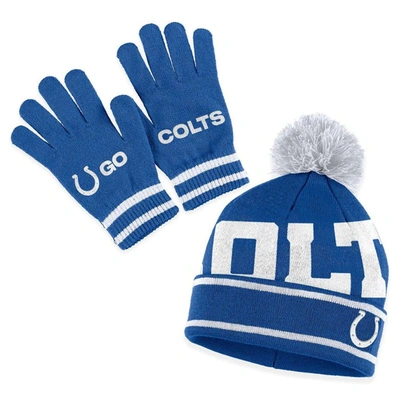 Wear By Erin Andrews Royal Indianapolis Colts Double Jacquard Cuffed Knit Hat With Pom And Gloves S