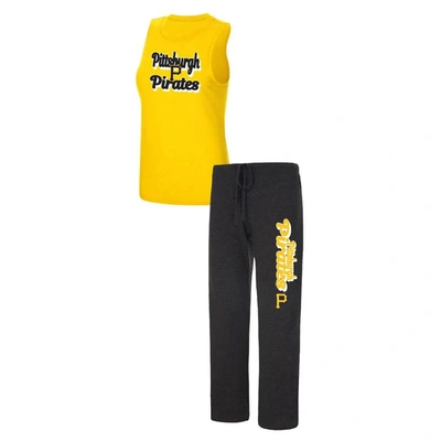 Concepts Sport Heather Black/gold Pittsburgh Pirates Wordmark Meter Muscle Tank Top & Pants Sleep Se