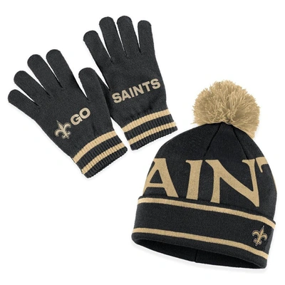 Wear By Erin Andrews Black New Orleans Saints Double Jacquard Cuffed Knit Hat With Pom And Gloves S