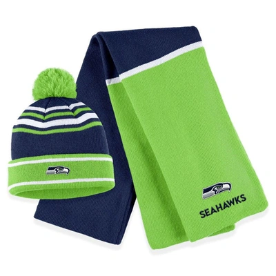 Wear By Erin Andrews College Navy Seattle Seahawks Colorblock Cuffed Knit Hat With Pom And Scarf Set