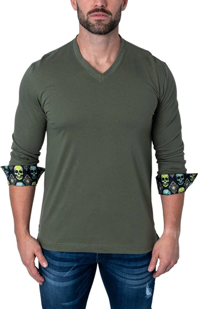 Maceoo Edisonsolidskull Green Long Sleeve V-neck T-shirt In Skull Green