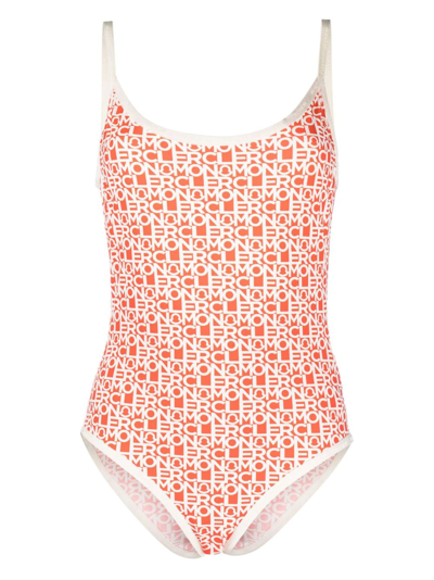 Moncler Logo Print One-piece Swimsuit In Arancione
