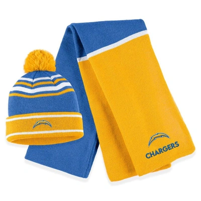 Wear By Erin Andrews Powder Blue Los Angeles Chargers Colorblock Cuffed Knit Hat With Pom And Scarf