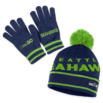 Wear By Erin Andrews College Navy Seattle Seahawks Double Jacquard Cuffed Knit Hat With Pom And Glov