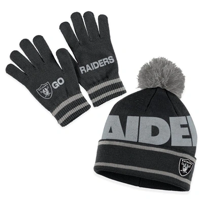 Wear By Erin Andrews Black Las Vegas Raiders Double Jacquard Cuffed Knit Hat With Pom And Gloves Se