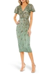 Mac Duggal Sequn Floral Flutter Sleeve Sheath Dress In Sage