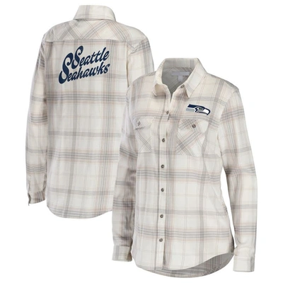Wear By Erin Andrews Cream/gray Seattle Seahawks Plaid Flannel Tri-blend Long Sleeve Button-up Shirt