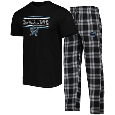 Concepts Sport Men's  Black, Gray Miami Marlins Badge T-shirt And Pants Sleep Set In Black,gray