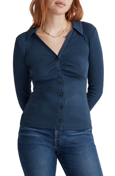 Madewell Ruched Polo Cardigan In Craftsman Blue
