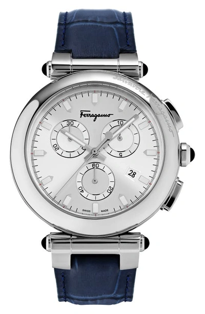 Ferragamo Idillio Chronograph Croc Embossed Leather Strap Watch, 42mm In Silver