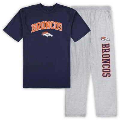 Concepts Sport Men's  Navy, Heather Gray Denver Broncos Big And Tall T-shirt And Pajama Pants Sleep S In Navy,heather Gray