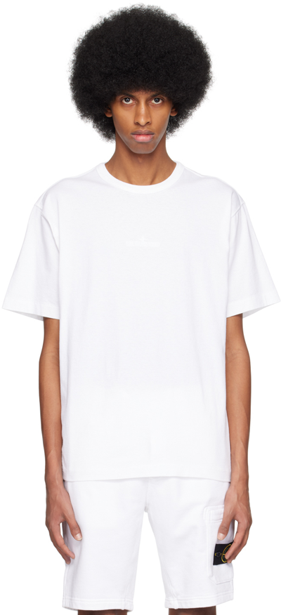 Stone Island White Cotton T-shirt Embroidered With Ton Sur Ton Compass Logo