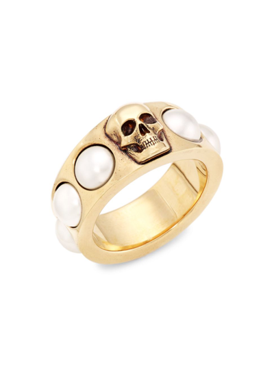 Alexander Mcqueen Pearl Skull Ring In Antique Gold