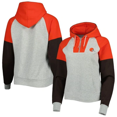 Antigua Heather Gray Cleveland Browns Lightweight Jackpot Raglan Half-zip Pullover Hoodie In Heathered Gray,orange