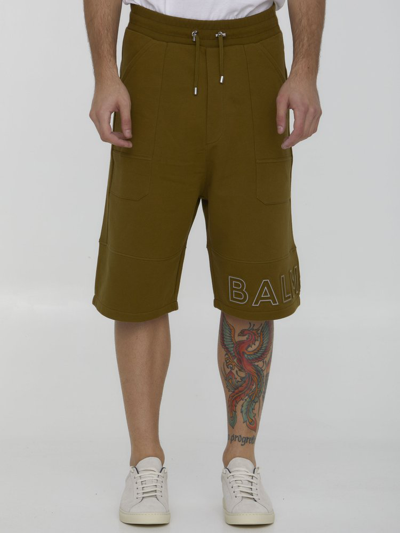 Balmain Reflective Logo Bermuda Shorts In Verde/grigio