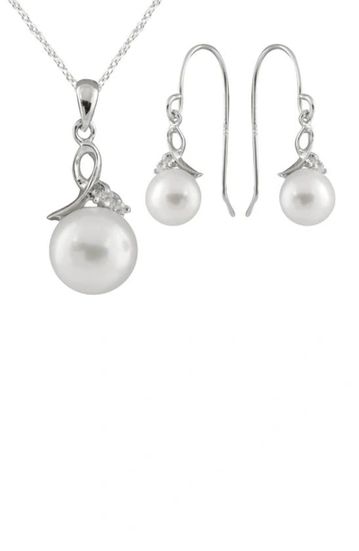 Splendid Pearls 8-9mm Freshwater Pearl & Cz Earrings And Pendant Necklace Set In White